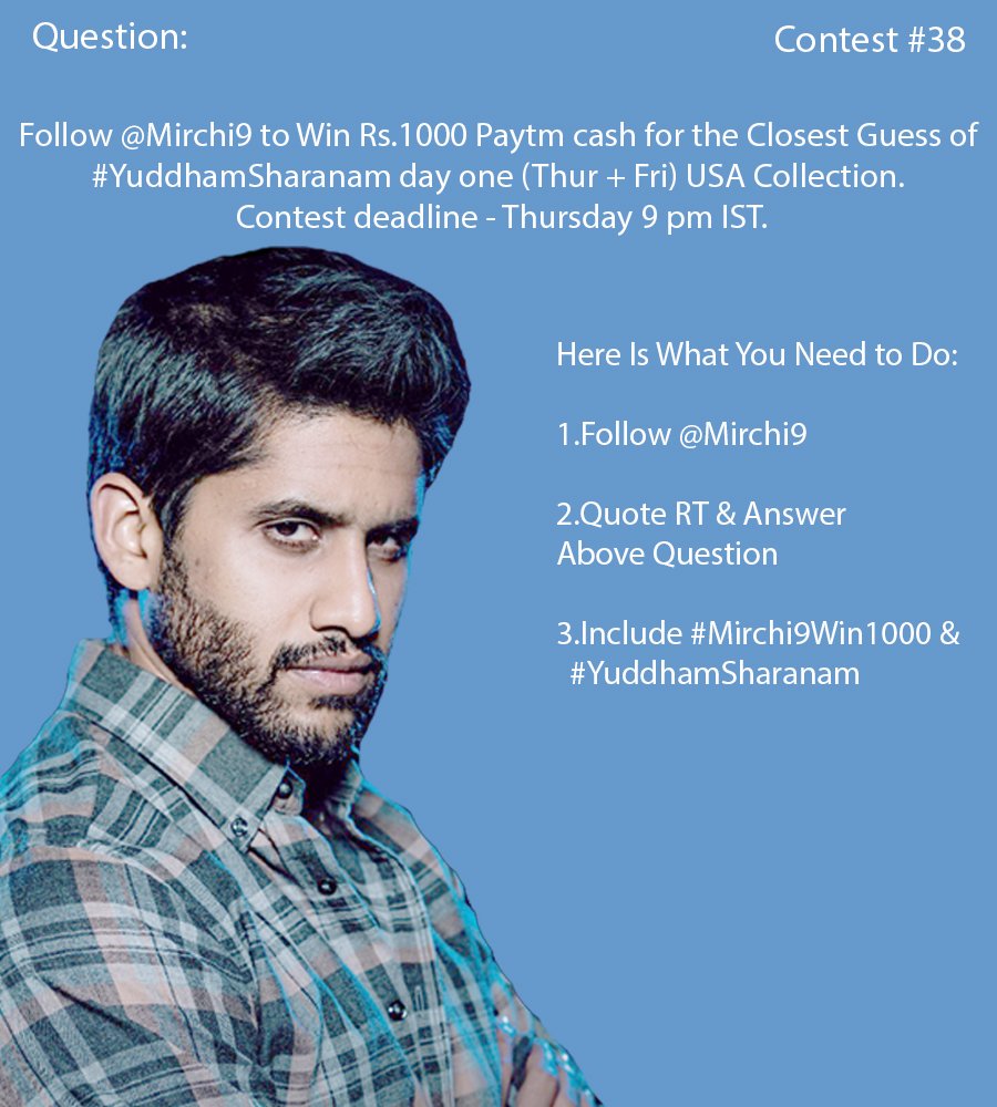 M9News_'s tweet photo. Follow @Mirchi9 to Win Rs.1000 Paytm Cash for the closest Guess of #YuddhamSharanam day one (Thur+Fri) USA Collection.

#Mirchi9Win1000  🇺🇸 https://t.co/oU4qClfq9Q