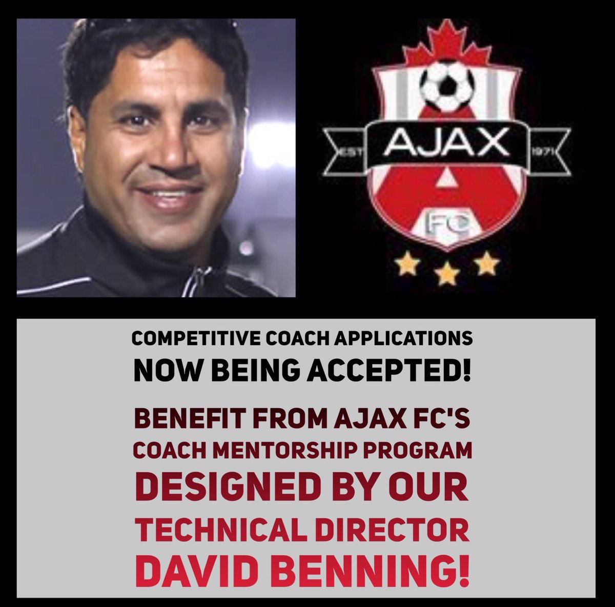 Ajaxsoccer_club's tweet photo. Ajax FC IS ACCEPTING APPLICATIONS FOR COMPETITIVE COACHES! Benefit from our Coach Mentorship Program designed by our TD @CoachDBenning https://t.co/jbkxD9XYtS