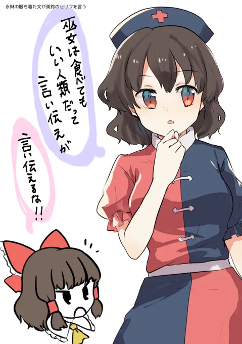#1番目にリプきたキャラに2番目にきたキャラの服を着せて3番目にきたキャラのセリフを言わせる 文に永琳の服を着せて美鈴のセリフを言わせた 