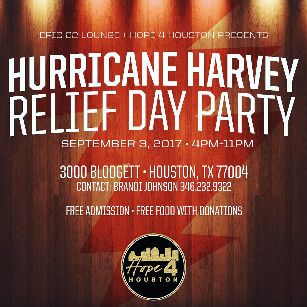 Hope4Houston's tweet image. Come out and donate for a good cause and have a good time! Toiletries and other items needed! #houstontx #htx #hurricaneharvey #relief #aid