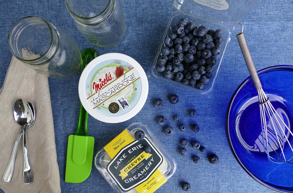 Heinens's tweet photo. Blend @lecreamery's Lemon Chevre with @MiceliDairyProd's Mascarpone, then layer in a glass with blueberries + a splash of Limoncello. https://t.co/9gtRyjHUli