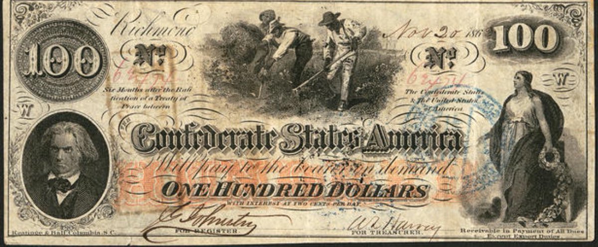 Not sure if anyone has brought this up, but Confederate currency literally had images of slaves on them.