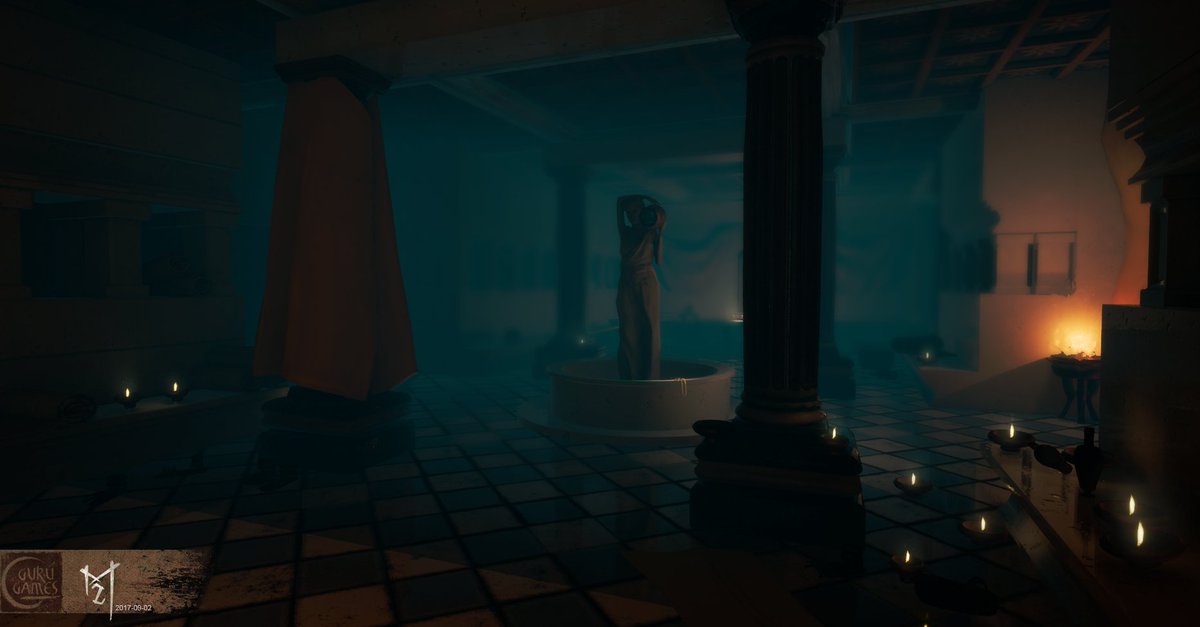 and another progress pic for verticalslice,dressing rooms,full of terrors even in ancient greece. #screenshotsaturday #gamedev #horrorgame #