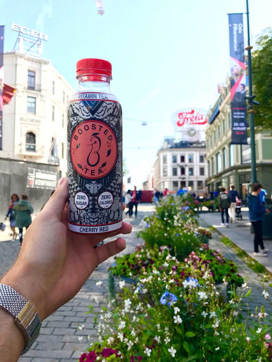 BoostedTea's tweet photo. #SaturdaySipping our #cherryred in the beautiful streets of Oslo 🍓🍒 https://t.co/AZiUfCMJfp