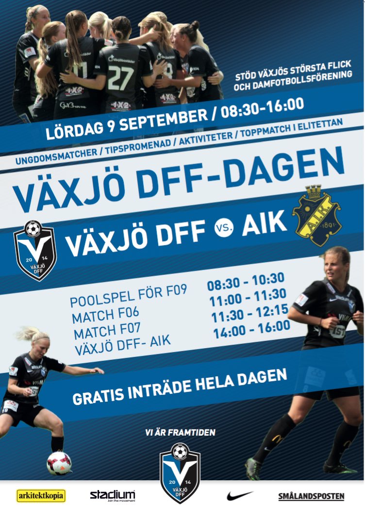 VxoDFF's tweet photo. Nästa helg tar vi emot @AIKFotbollDam 
Det bjuds på fri entré hela dagen! https://t.co/uQ53Pu24OF