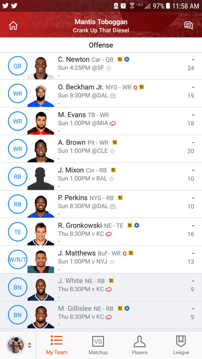TheFantasyCast's tweet photo. One of my 4 Dynasty teams. Made a trade for AB and 1.3 to get Mixon. All in for this year.

-Don https://t.co/Ijc6vgQOrW