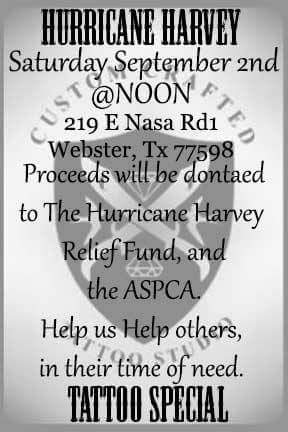 Artist_Oz's tweet photo. I'll be working today. Come by. Get ink. #HurricaneHarvey #Harvey2017 #HarveyRelief #aspca #HoustonStrong #notjusthouston #texas https://t.co/Qn6rAA6Dzt