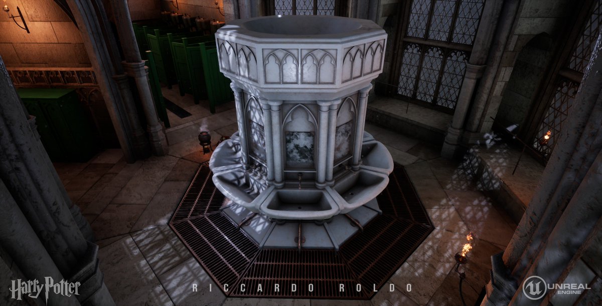 Kalsifier's tweet photo. Hogwarts bathroom from Harry Potter movie realized with #UnrealEngine4 @UnrealEngine https://t.co/fUYbQKdJHy