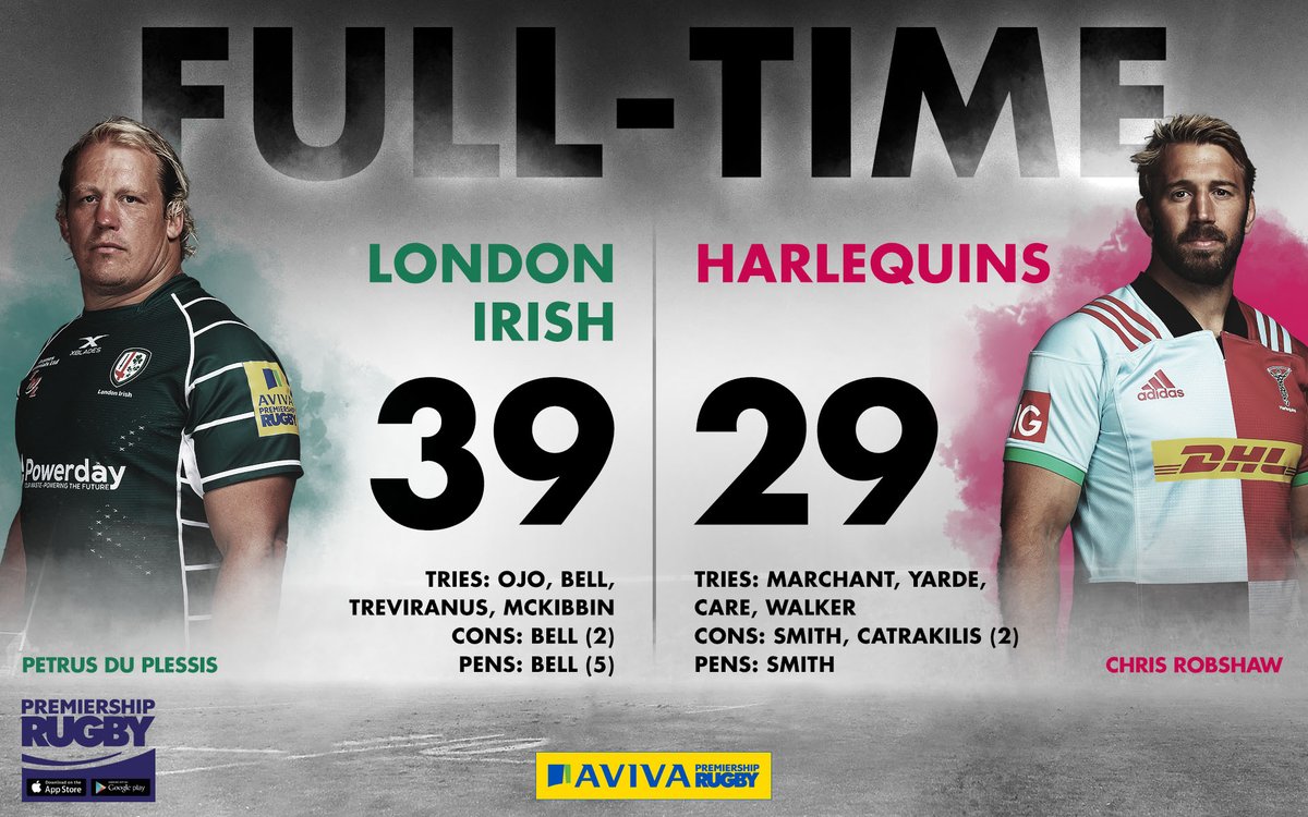 premrugby's tweet photo. FT: @LiRFC 39 - 29 @Harlequins
Unbelievable finish at Twickenham and the Exiles make a winning return to the #AvivaPrem!!
🍀🍀🍀🍀🍀
#LIRvHAR https://t.co/6Tea4qcs09