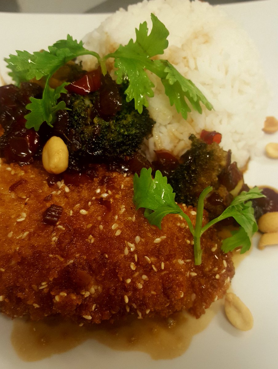 Sesame crusted supreme of chicken, sotmy &amp; ginger, peanuts and rice