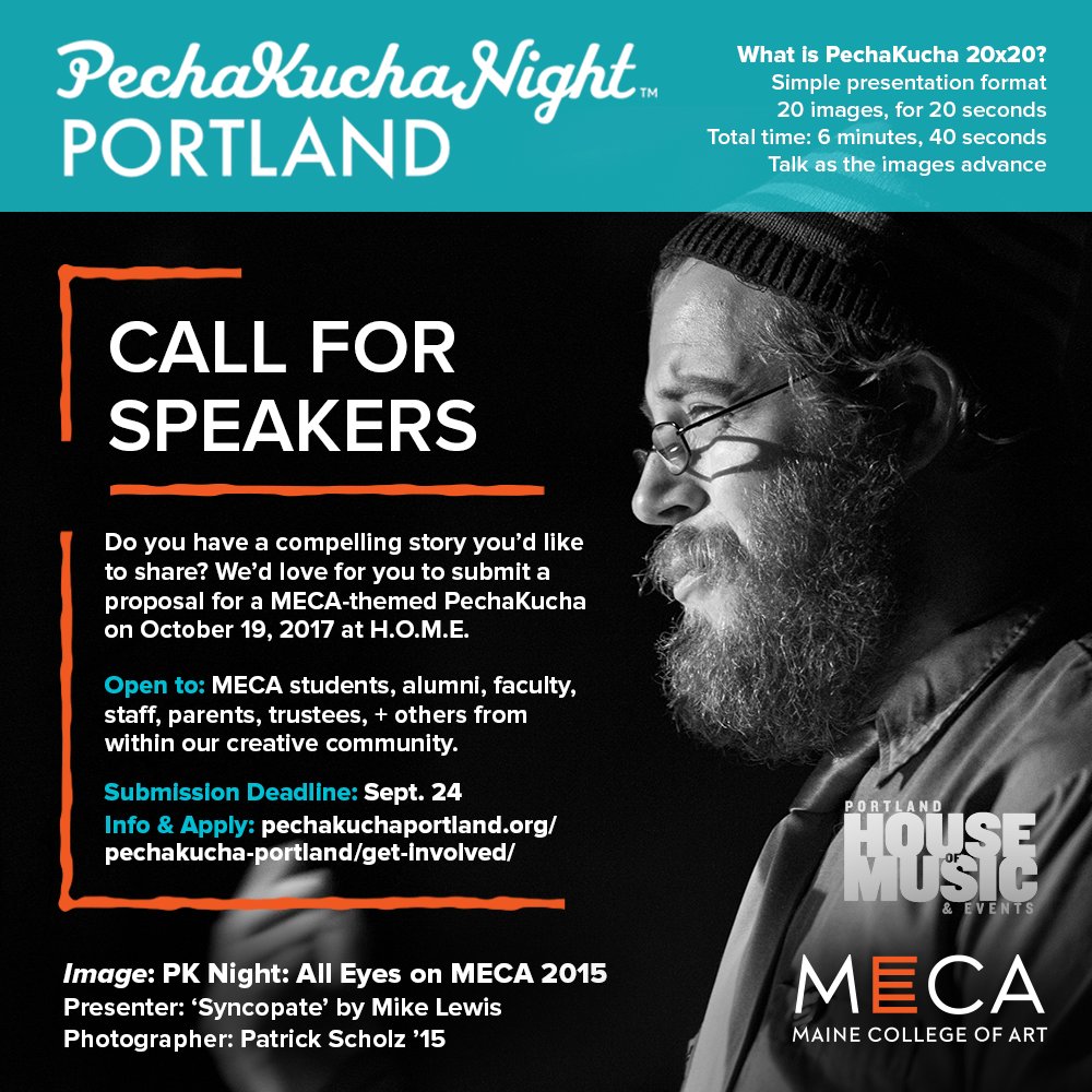 mecaart's tweet photo. We'd love for you to present a MECA-themed PechaKucha on October 16. Learn more: https://t.co/nMqSJC7lAh #mecaart #portlandmaine https://t.co/hRFSxdSKkG
