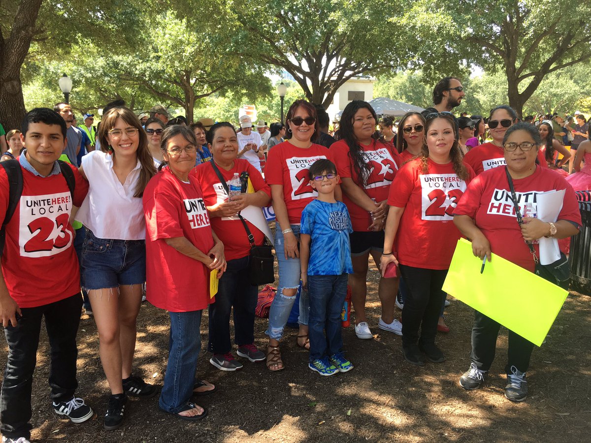 UniteHereSA's tweet photo. Resist SB4! We've won a victory but the fight continues! Thank you @jolt_texas for organizing a beautiful protest! #stopSB4 #unitehere https://t.co/oDfLTBrOhG