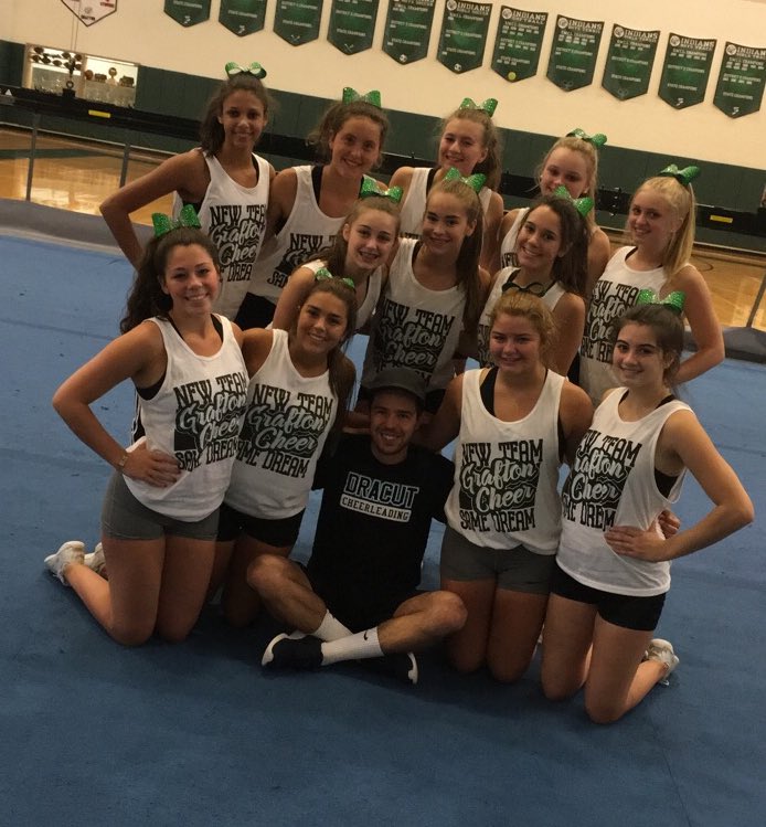 GraftonCheer's tweet photo. Obsessed with our routine!! @scottrigoli is the best! We can't wait until October! 💚💚🎀 https://t.co/81s9QWWzNL