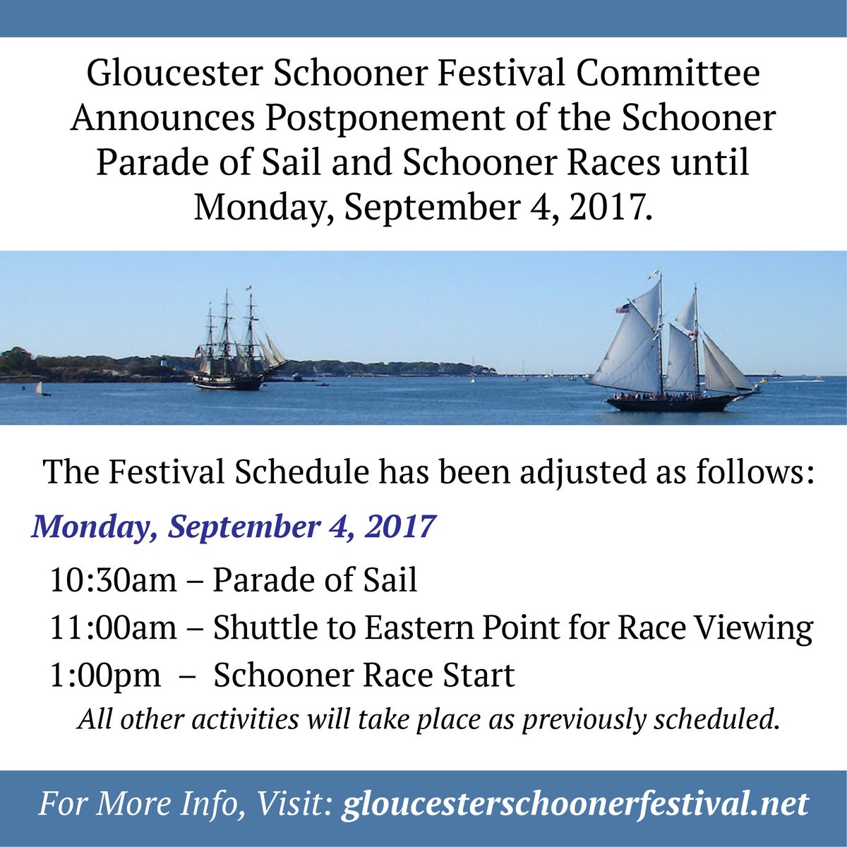 The #GloucesterMA <a href="/GlSchoonerFest/">Glou Schooner Fest</a> postpones the #Schooner Parade of Sail &amp; Schooner Races until Mon, Sep 4. More: gloucesterschoonerfestival.net/?p=1231
