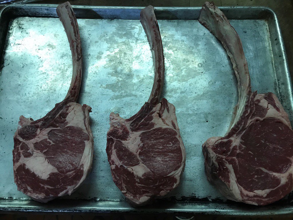 ThoroughbredsMB's tweet photo. Tonight's Feature for 2:  a REAL Tomahawk Ribeye! Served with asparagus, shrooms, and mashed. Only at Thoroughbreds! https://t.co/XQnVL0XdUV