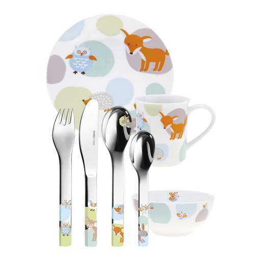 Barnset's tweet image. Puresigns barnset One Woody 7-delar (Steinbeck) i presentförpackning med barnporslin och bestick med fri namngravyr: barnset.se/sv/p/374/pures…