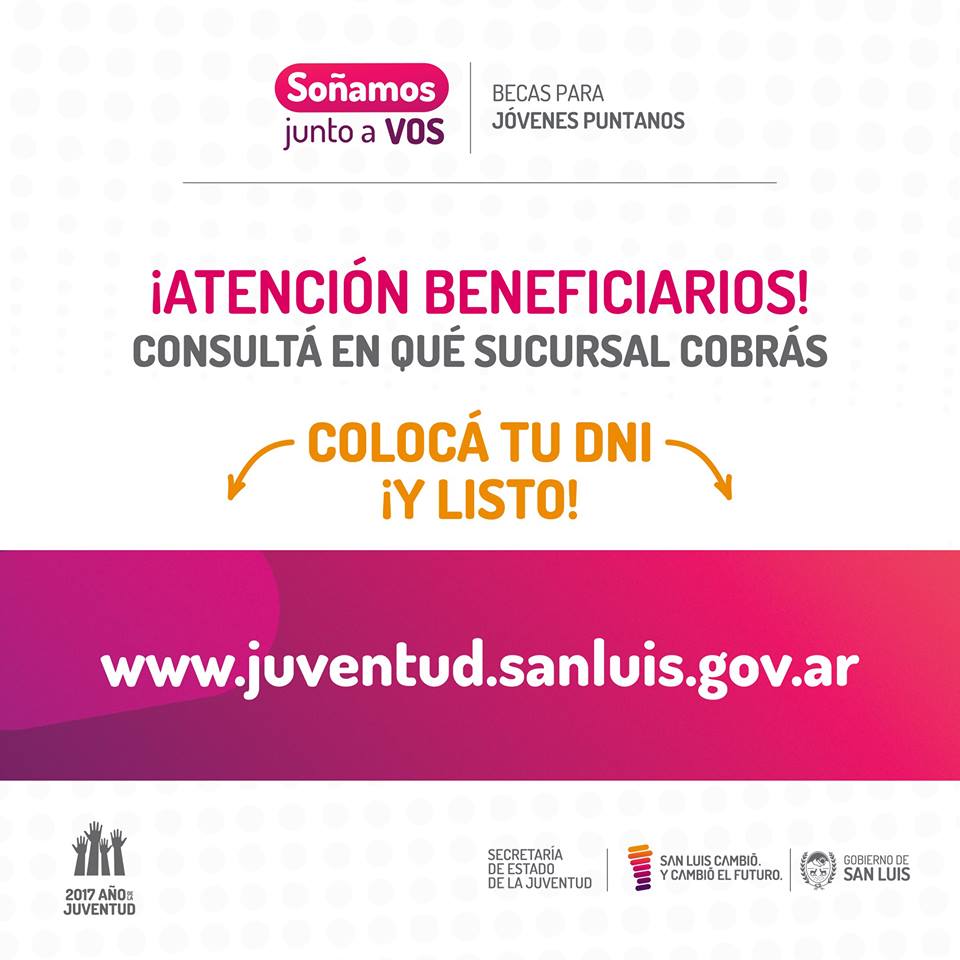 sanluisgob's tweet photo. #2017AñoDeLaJuventud
¡Atención beneficiarios!
Consultá en qué sucursal cobrás en el siguiente link 
👉 https://t.co/iggeyyCkH6 https://t.co/LMRWTqdZ1c