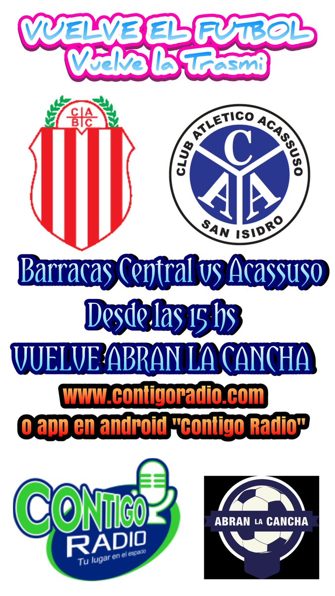 ContigoRadio's tweet photo. Estamos en la trasmi de @CABarracasCen vs @AcassusoPrensa en https://t.co/UdOKsycd6q o app en android... trasmi de @abranlacancha https://t.co/GDcCXuEyaC