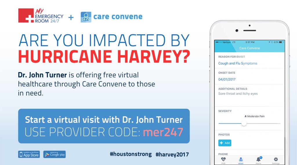 MyEmergencyRoom's tweet photo. RT! Dr. Turner is offering FREE virtual healthcare thru @CareConvene Provider code: mer247 https://t.co/kfX1XYjeDO #HarveyRelief #harvey https://t.co/VwOVa1MUgl