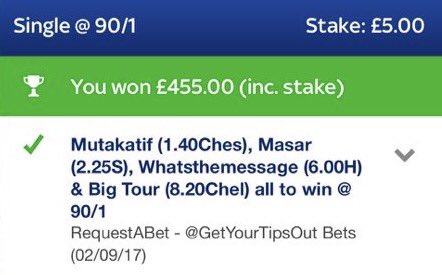 90/1 NOTEBOOK ACCA LANDS 🔥🏡

✅ Mutakatif
✅ Masar
✅ Whatsthemessage
✅ Big Tour

Need a SkyBet account to back them 👇🏻
bit.ly/GYTOSKY20