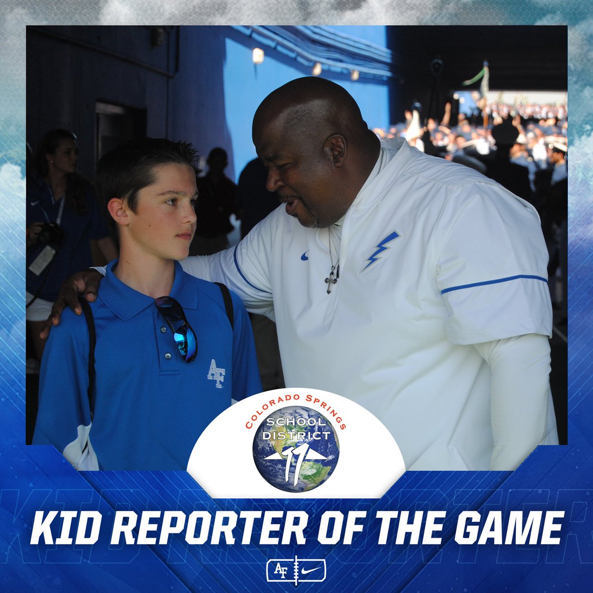 AF_Football's tweet photo. Your @CSSD11 Kid Reporter of the game. #AFvsVMI #letsfly https://t.co/3ytJ2sTNO7