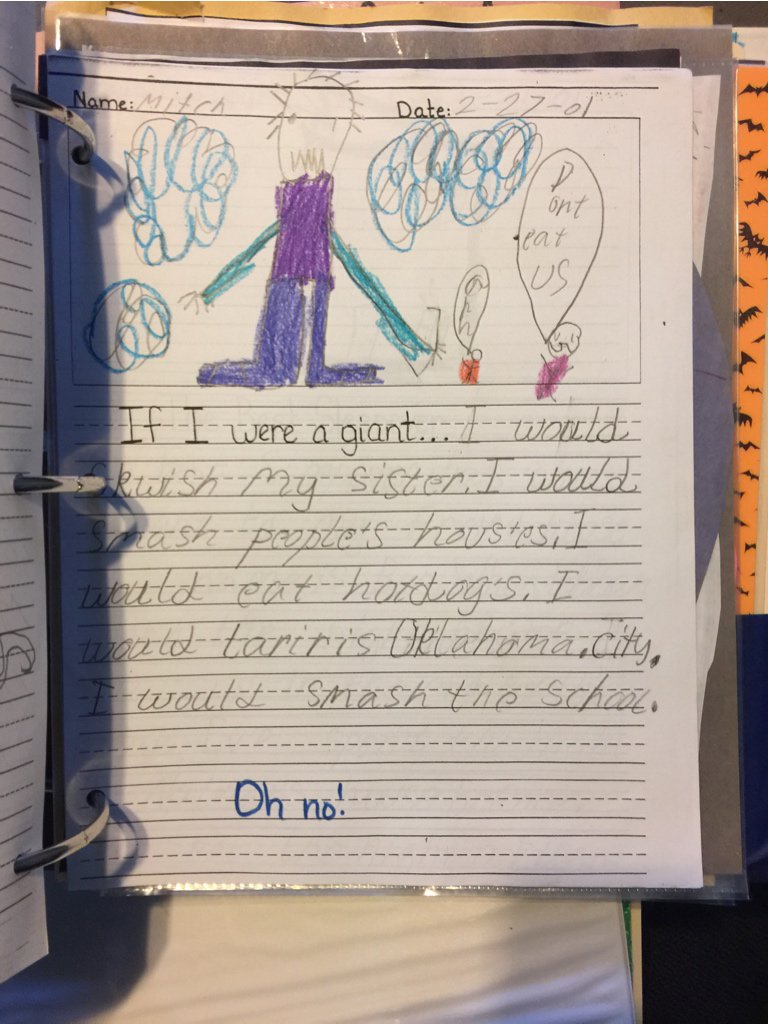 MitchLittleee's tweet photo. Clearing some stuff out of my dads house, stumbled upon this gem from 1st grade. Love my teachers comment, "Oh no!" https://t.co/ZvqRUCxArU