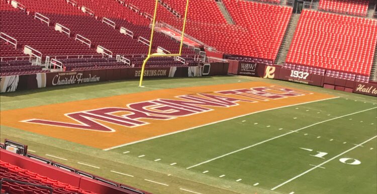 HokiesFB's tweet photo. Here's a look at our end zone in @FedExField before the tarp went down! 

#Hokies 🦃 https://t.co/o5XA0qgLOj
