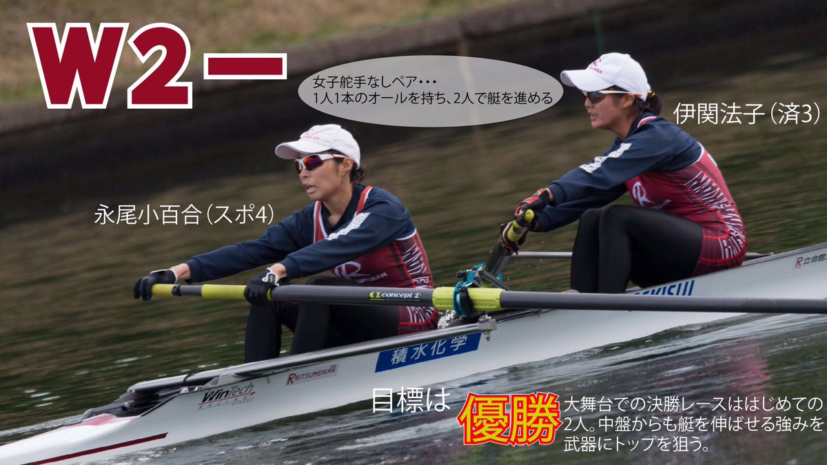 立命スポーツ編集局 V Twitter ボート部 全日本大学選手権大会 最終日 戸田漕艇場 インカレ最終日です 本日 立命館からは 女子舵手 なしペア 男子舵手付きペア 女子ダブルスカルの3クルーが決勝に出場します 大学日本一を決める戦いです 本日も応援