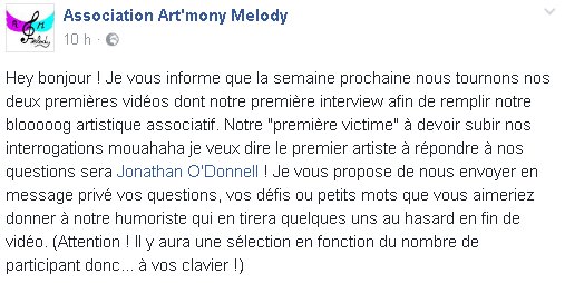 asso_am's tweet photo. La semaine prochaine : interview de @JonathOdonnell ! Pour participer rdv sur la page Facebook: "Association Art'mony Melody" ;) https://t.co/UqzCRhx6Kr