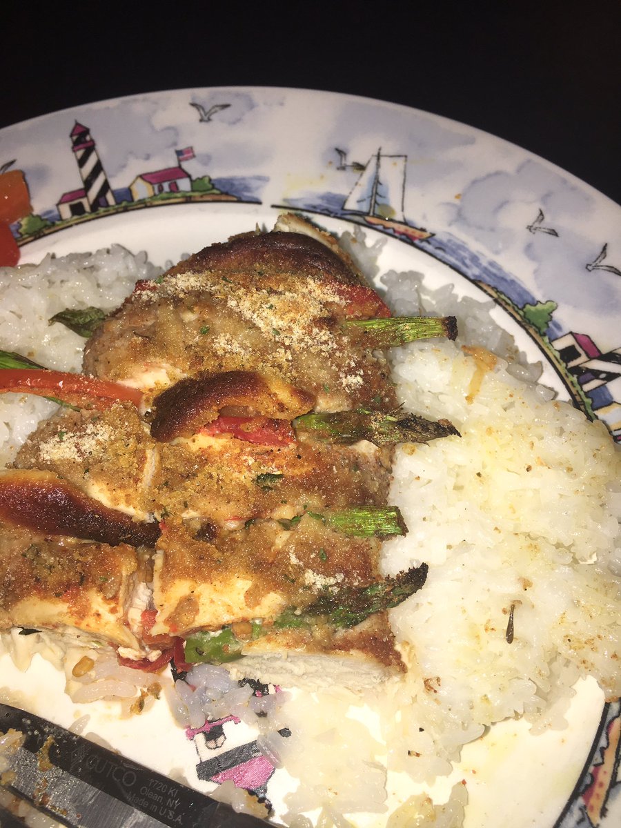 Provolone, bell pepper and asparagus stuffed breaded chicken on a bed of rice. Rate my food <a href="/ChefRamsey/">Chef Ramsey</a>