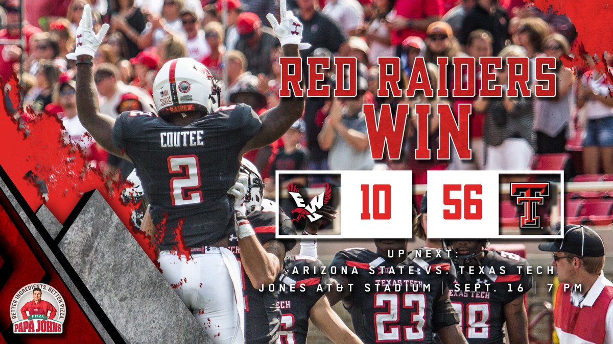 TexasTechFB's tweet photo. 🔔 Red Raiders Win! 🔔
#TexasTech races out to a 56-10 win over Eastern Washington to begin the 2017 season. #WreckEm https://t.co/Rr5XRZ6Xvz