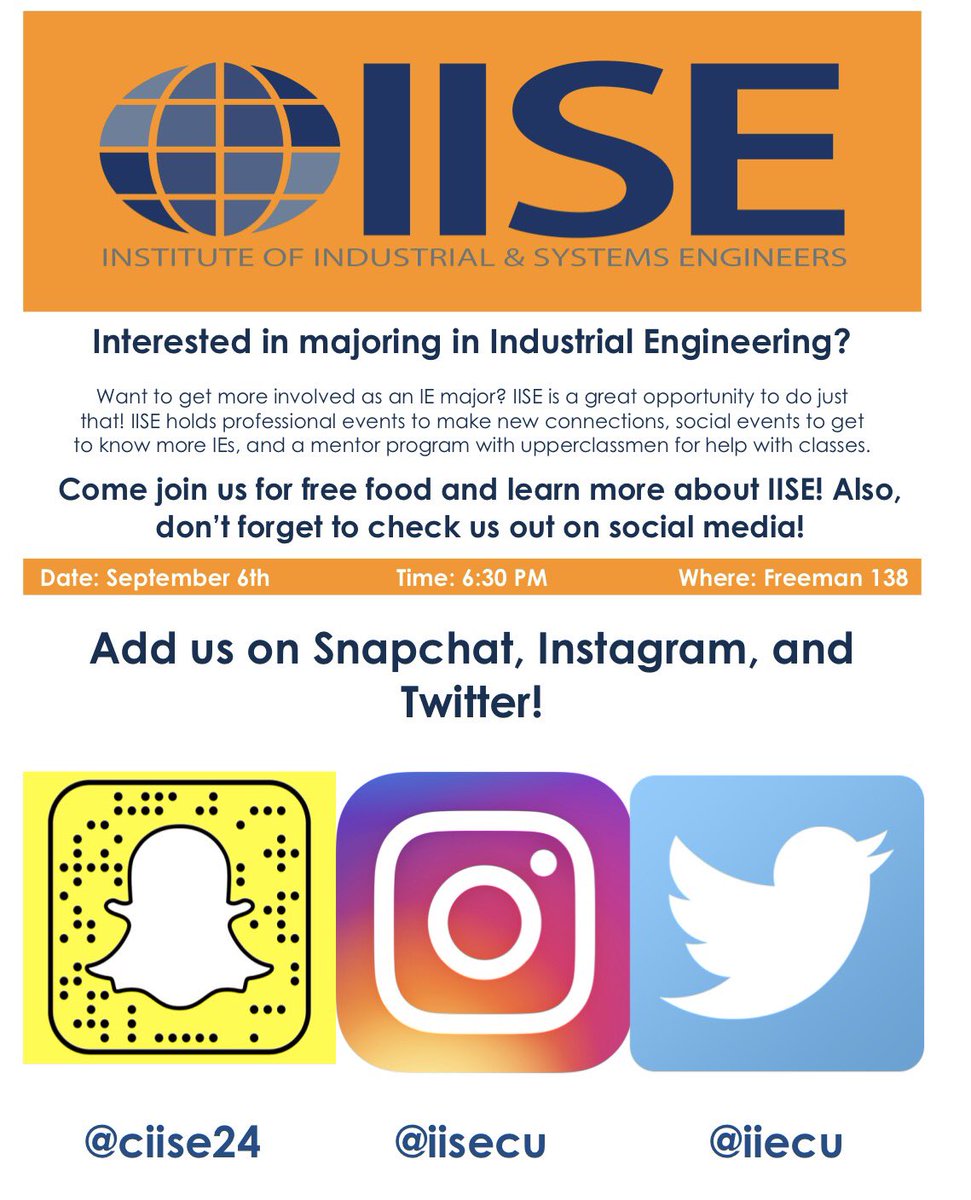 ClemsonIISE's tweet photo. Join us on Wednesday to learn more about IISE and the opportunities we have lined up for this semester!! #IE #Clemson #2017 https://t.co/lEJEKEvDNo