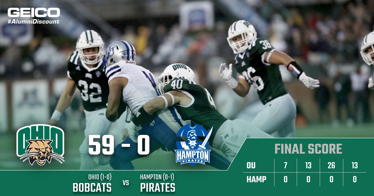 OhioFootball's tweet photo. BOBCATS WIN | Ohio 59 | Hampton 0

#BleedGreen #BeatHampton https://t.co/vjBmejaEwT