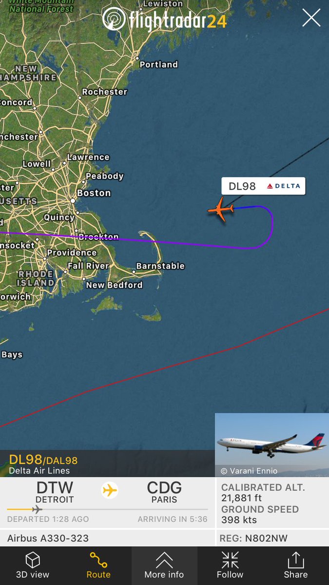 TomPodolec's tweet photo. MEDICAL DIVERSION
Delta #DL98
Detroit to Paris
Diverting to Boston
N802NW Airbus A330-300
https://t.co/3ZhVfRtSez https://t.co/N88PCXgDq1