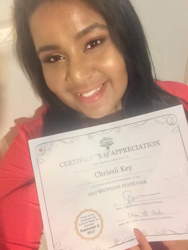 ChrissiiKey's tweet photo. Special Thanks to the 2017 Michigan State Fair! I’ll be back there on Monday at 3pm #detroitsingers #singersongwriter #certificate #fullwall https://t.co/fHX3xIrrSB