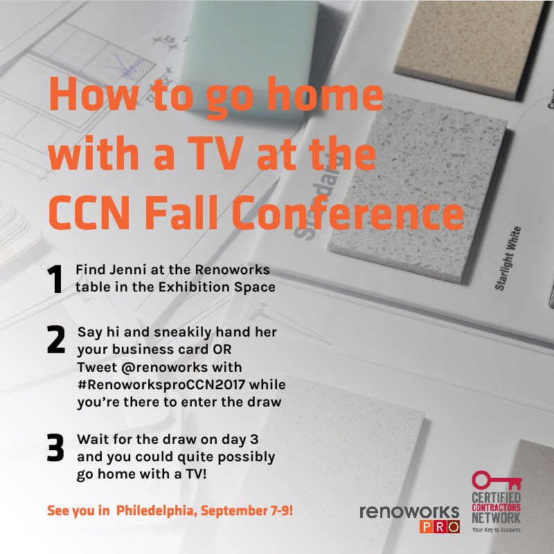 RenoworksPro's tweet photo. While at the #CCNFallConference we've giving out a free TV! Come see us, learn about visualization &amp; stand a chance to win! @contractorsnet https://t.co/AOzoCeskKE