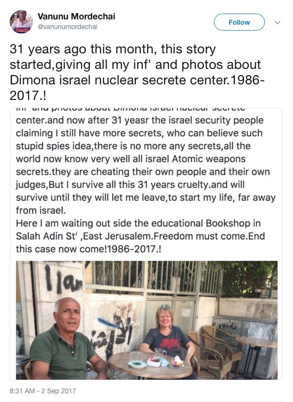 wearewideawake's tweet photo. @ConanOBrien HEY #ConanWithoutBorders #Vanunu Israeli Nuclear Whistleblower & wife R in East #Jerusalem #ReporterWithoutBorders
https://t.co/FgnqQIQkGF https://t.co/NBNWwAXRRY