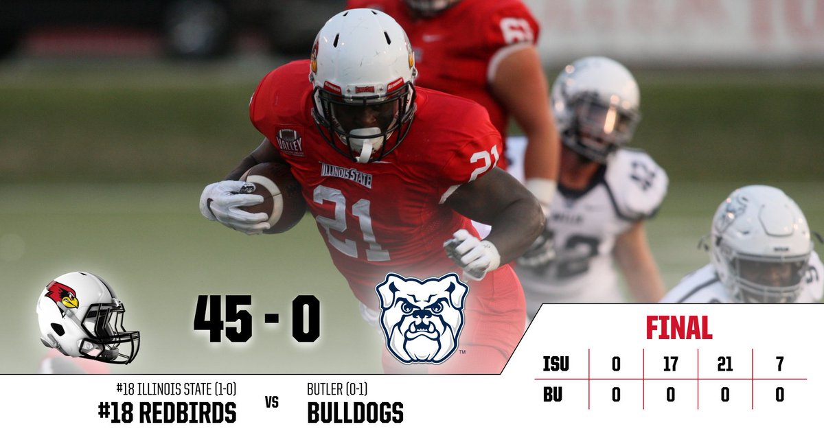 RedbirdFB's tweet photo. BIRDS WIN!!

ISU defeats Butler, 45-0! Redbirds improve to 9-0 in home openers under Coach Spack. #BackTheBirds #RedbirdProud https://t.co/0gQBS8y4N0