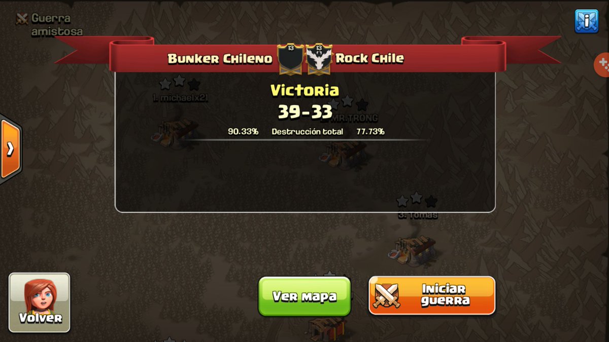 Que buena war por parte de ambos clanes 👏👏👏
Buena oportunidad de probar ataques .
Gracias <a href="/ClanRockChile/">Clan Rock Chile</a> 
Buena war <a href="/BunkerChileno/">bunker chileno</a>