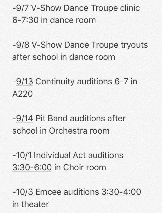 Hey all! V-Show auditions are coming up soon. The theme is V-Show Palooza. Here are all of the dates and times Hope to see you there!!