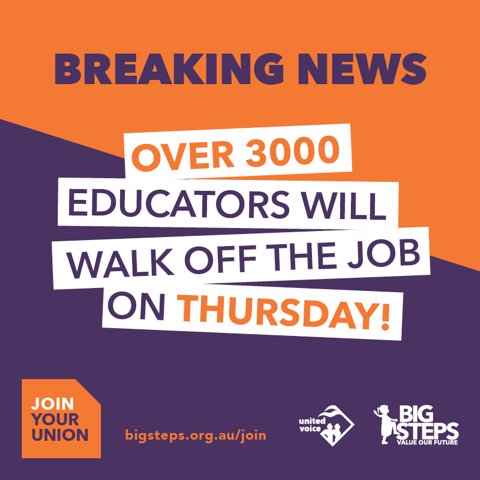 BigStepsUWU's tweet image. BREAKING: 3000+ educators to walk off job Thurs, ramping up push 4 #EqualPay.Support us at bigsteps.org.au/standwitheduca… #EqualPayDay #BigStepsNOW