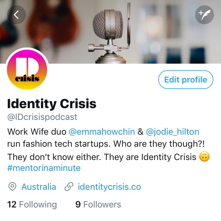 Follow my new podcast with <a href="/Jodie__Hilton/">Jodie Hilton</a> <a href="/IDcrisispodcast/">Identity Crisis</a>. We talk #startups, #fashiontech, branding, interview cool peeps &amp; laugh a lot 🎤😂