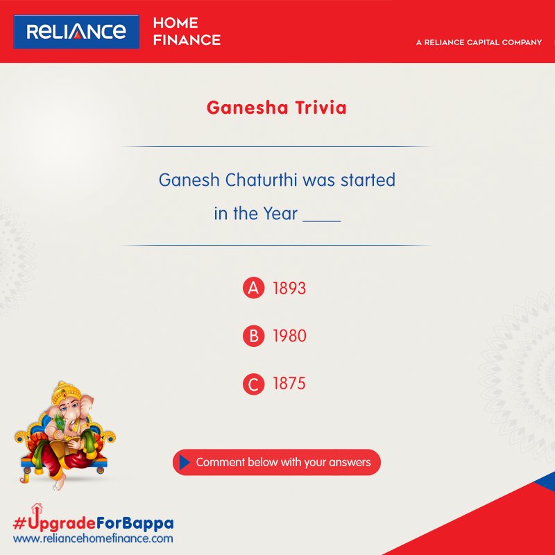 RelianceHF's tweet photo. Ganesh Chaturthi, one of the most elaborated festivals of India was started in which year? Comment below with your answers. #UpgradeForBappa https://t.co/YP5fuiJYN8