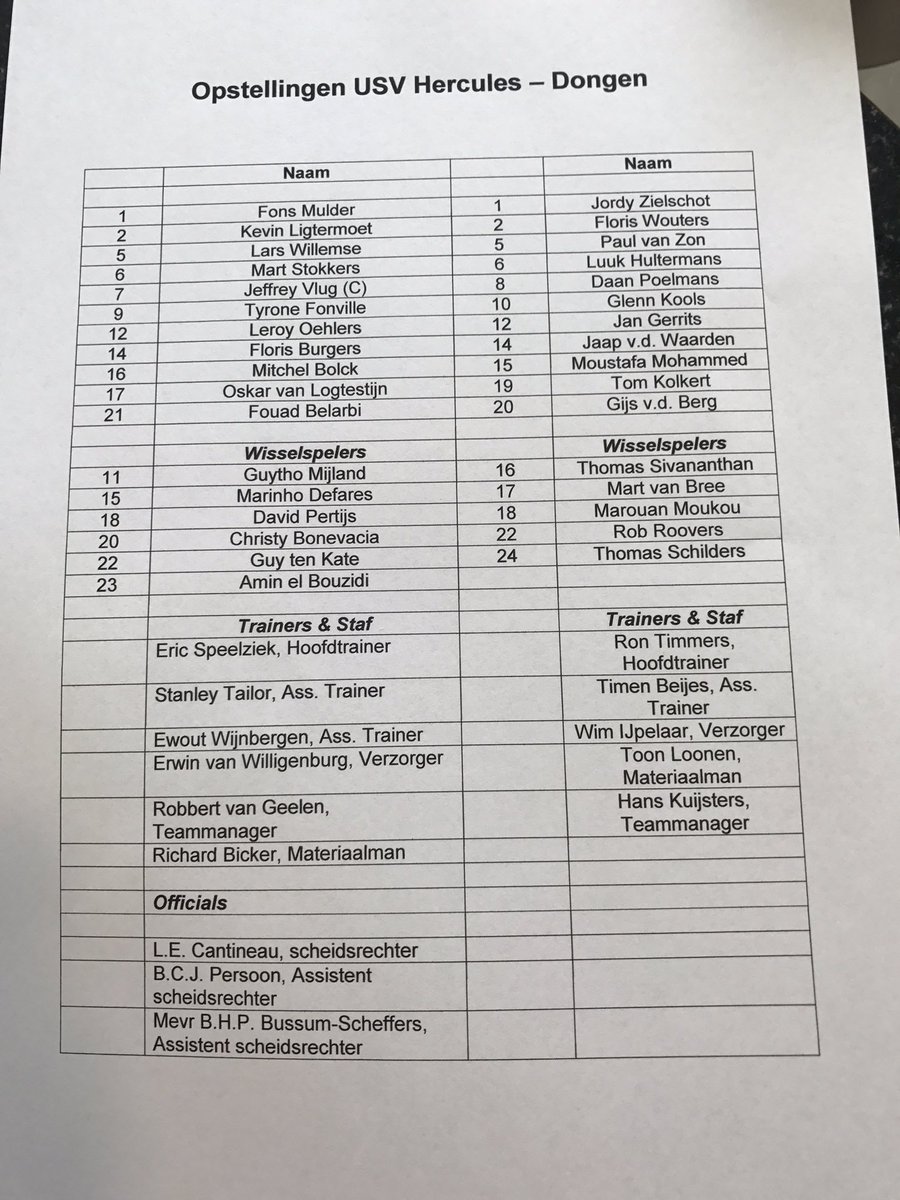 Opstellingen <a href="/usvHercules/">USV Hercules</a> en <a href="/vvdongen/">VV Dongen</a> #DerdeDivisie