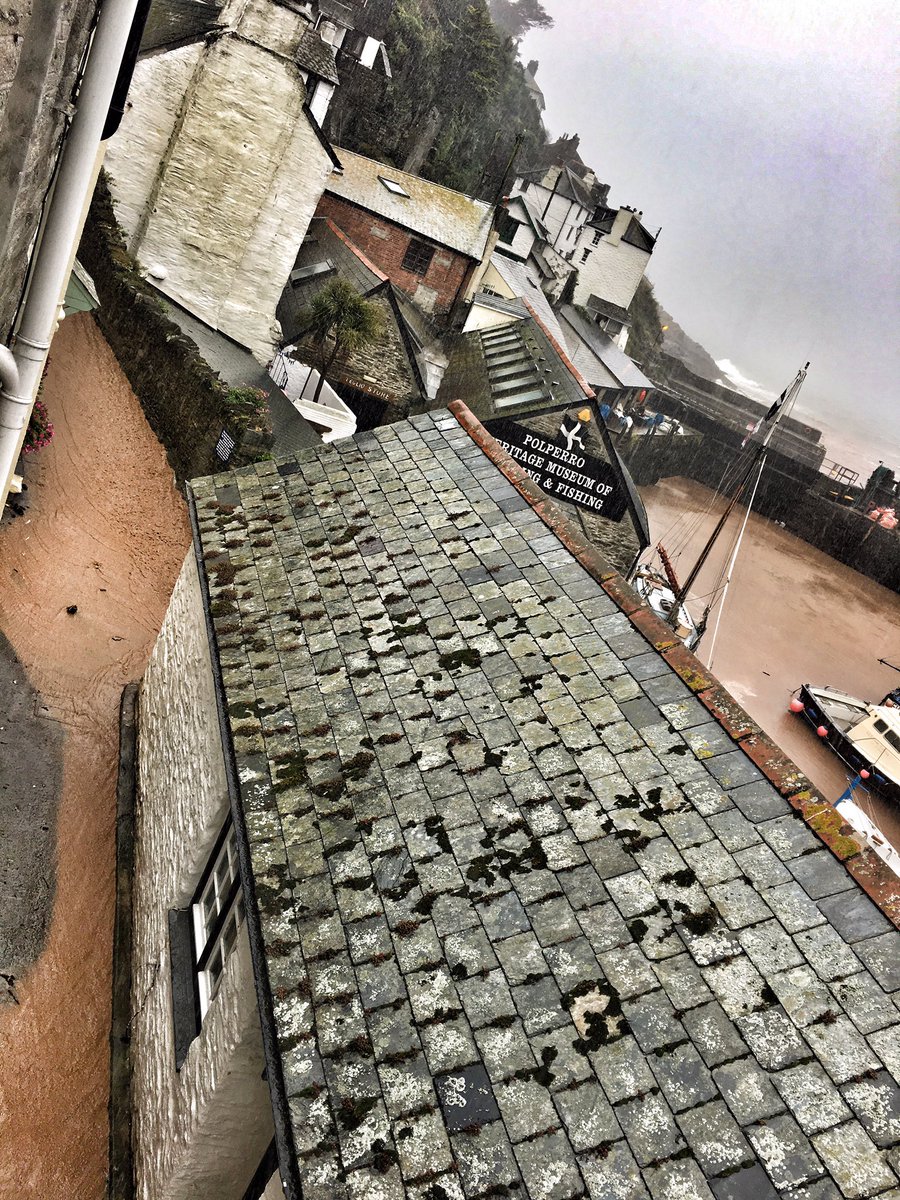 maxinepolperro's tweet photo. Streets are paved in chocolate milk as the rain continues, hope that drain holds out, as I have no sandbags #Cornwall #Polperro https://t.co/jtYeyvZraR