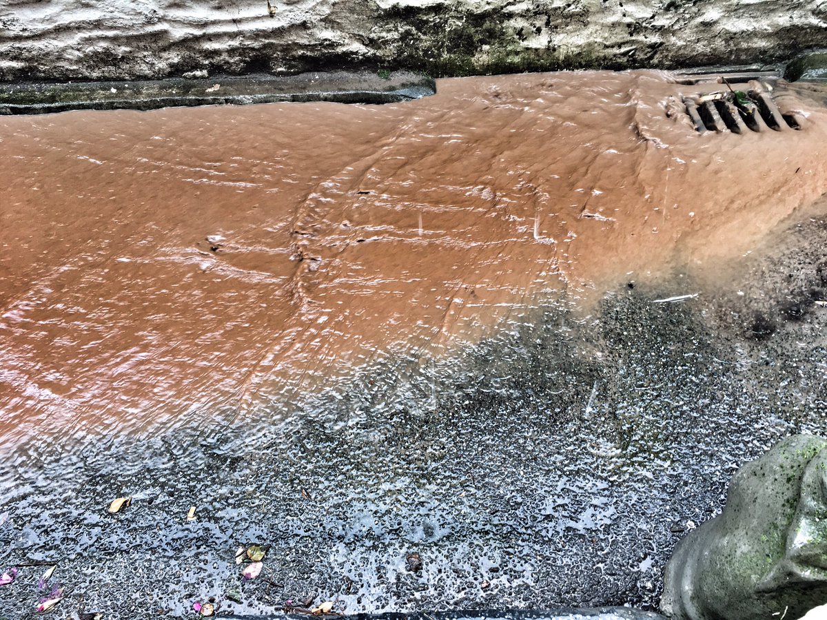 maxinepolperro's tweet photo. Streets are paved in chocolate milk as the rain continues, hope that drain holds out, as I have no sandbags #Cornwall #Polperro https://t.co/jtYeyvZraR