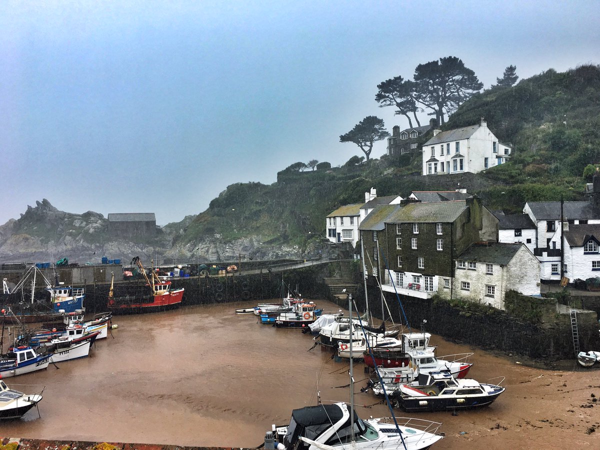 maxinepolperro's tweet photo. Streets are paved in chocolate milk as the rain continues, hope that drain holds out, as I have no sandbags #Cornwall #Polperro https://t.co/jtYeyvZraR