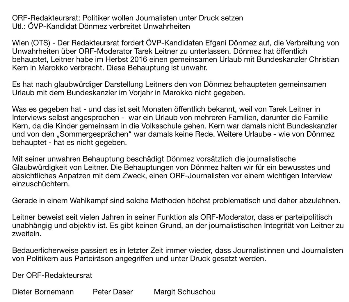 Stellungnahme der #ORF-Redakteursvertretung zu den unwahren Behauptungen von ÖVP-Kandidaten <a href="/efganidoenmez/">Efgani Dönmez</a> zu Tarek Leitner: