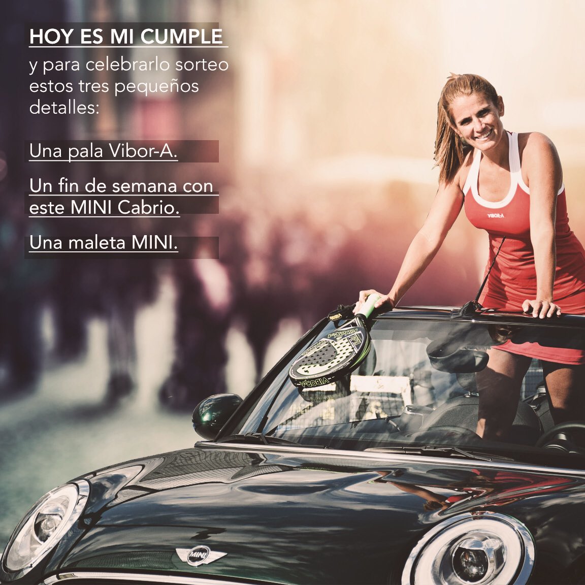 BelenciniMontes's tweet photo. 💫Es mi cumple, pero el regalo es para vosotros..! 
 
Sorteo:
1 pala Vibor-A
1 fin de semana en este cabrio
1 maleta MINI

RT y seguidme 💫 https://t.co/Tx01ZRaqAP