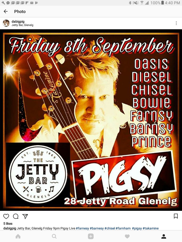 PIGSZY's tweet photo. Friday 9pm Jetty Bar Glenelg #livemusic #pigsy #jettybar #DavidBowie #coldchisel #takamine #diesel #steveearle https://t.co/SB01D7jDms